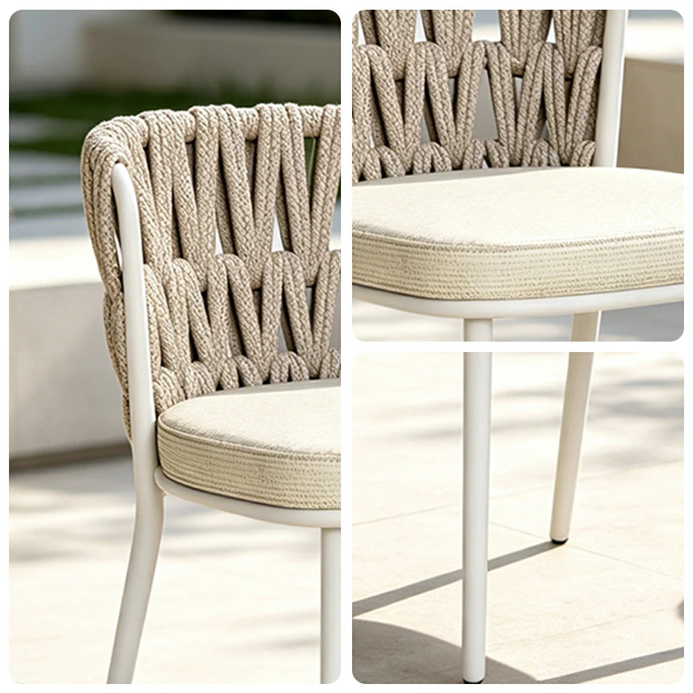 SOLARA Outdoor Rope Back Dining Chair - Aluminium Frame, Quick-Dry Cushion for Patio Garden - Beige White