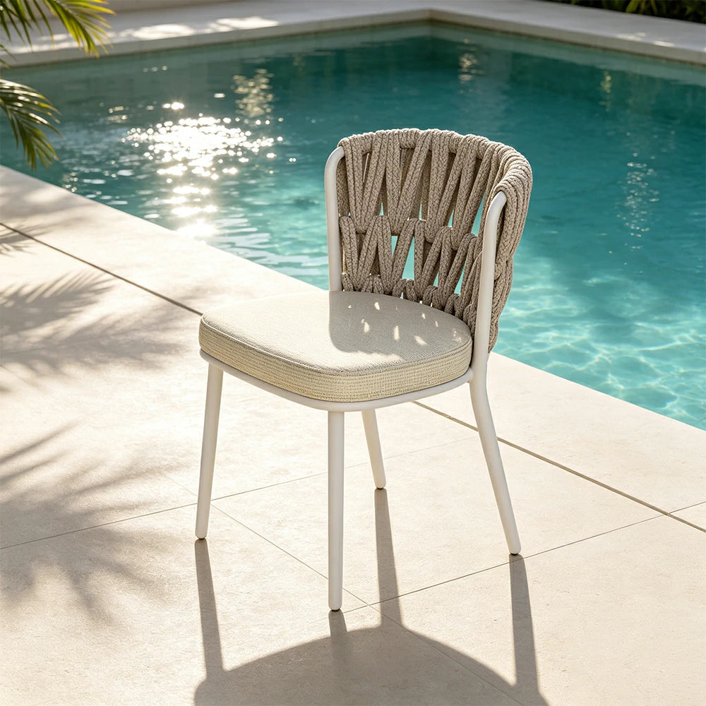 SOLARA Outdoor Rope Back Dining Chair - Aluminium Frame, Quick-Dry Cushion for Patio Garden - Beige White