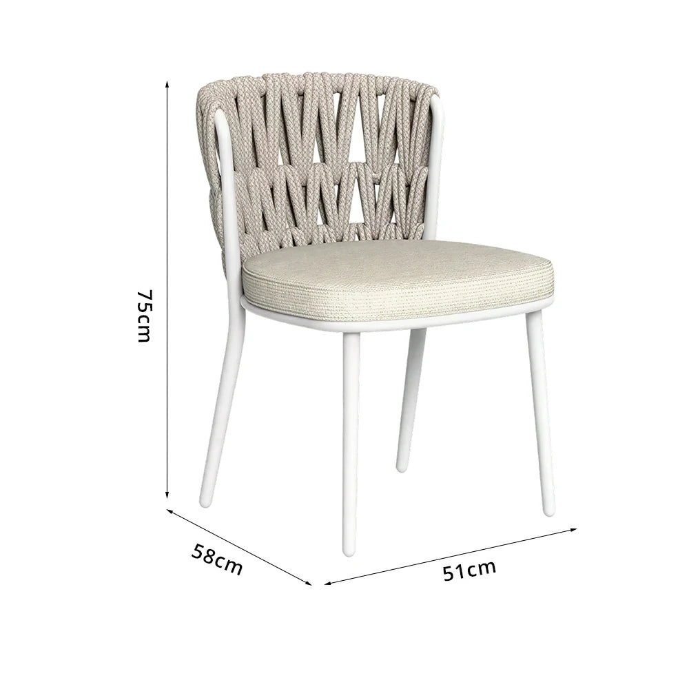 SOLARA Outdoor Rope Back Dining Chair - Aluminium Frame, Quick-Dry Cushion for Patio Garden - Beige White