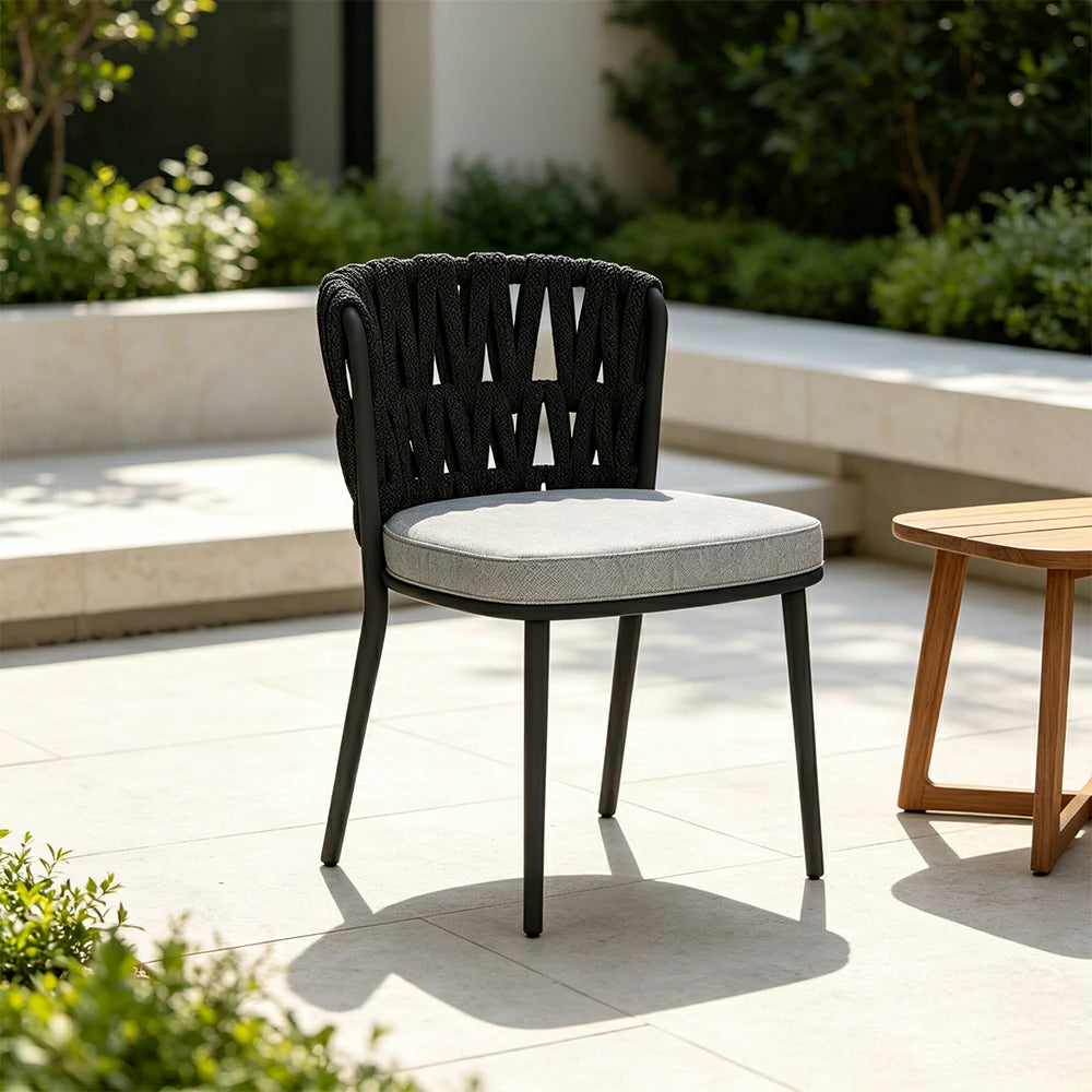 SOLARA Outdoor Rope Back Dining Chair - Aluminium Frame, Quick-Dry Cushion for Patio Garden - Black