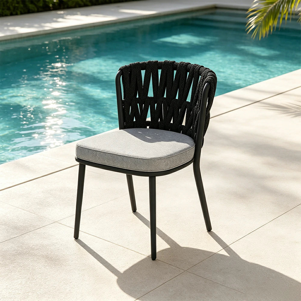 SOLARA Outdoor Rope Back Dining Chair - Aluminium Frame, Quick-Dry Cushion for Patio Garden - Black