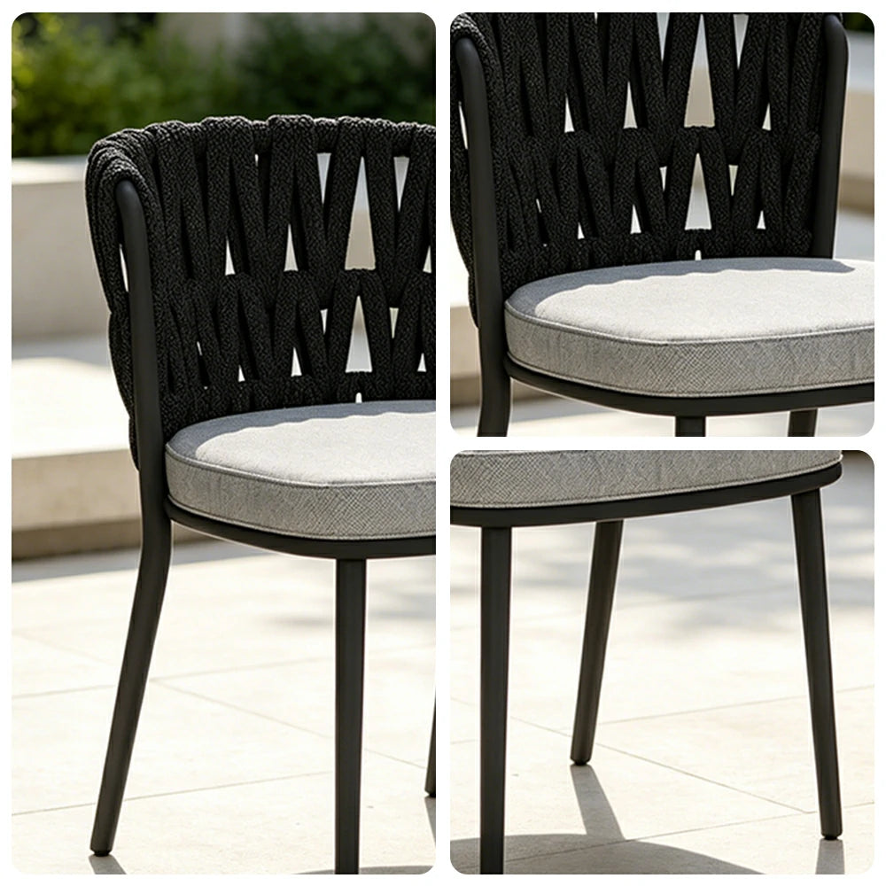 SOLARA Outdoor Rope Back Dining Chair - Aluminium Frame, Quick-Dry Cushion for Patio Garden - Black