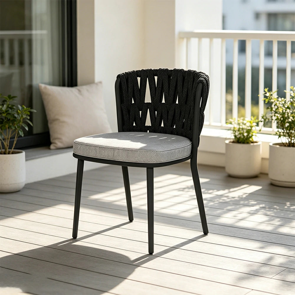 SOLARA Outdoor Rope Back Dining Chair - Aluminium Frame, Quick-Dry Cushion for Patio Garden - Black
