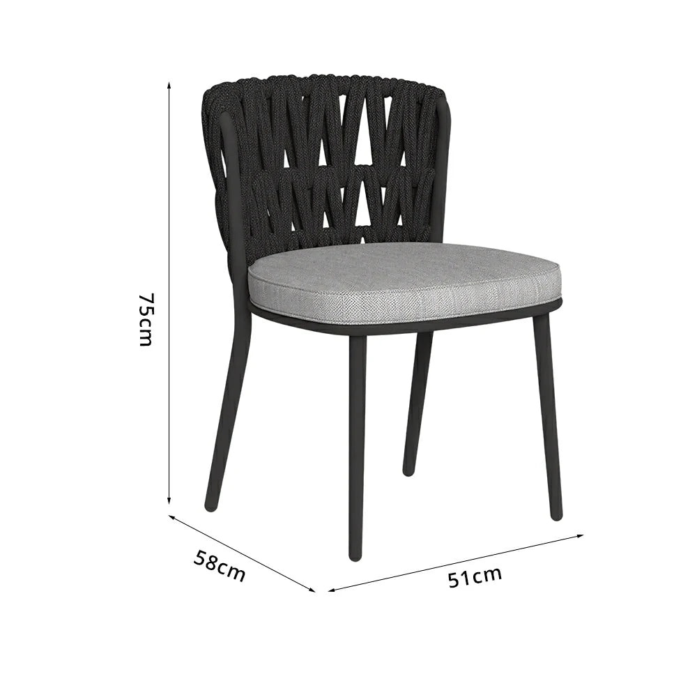 SOLARA Outdoor Rope Back Dining Chair - Aluminium Frame, Quick-Dry Cushion for Patio Garden - Black