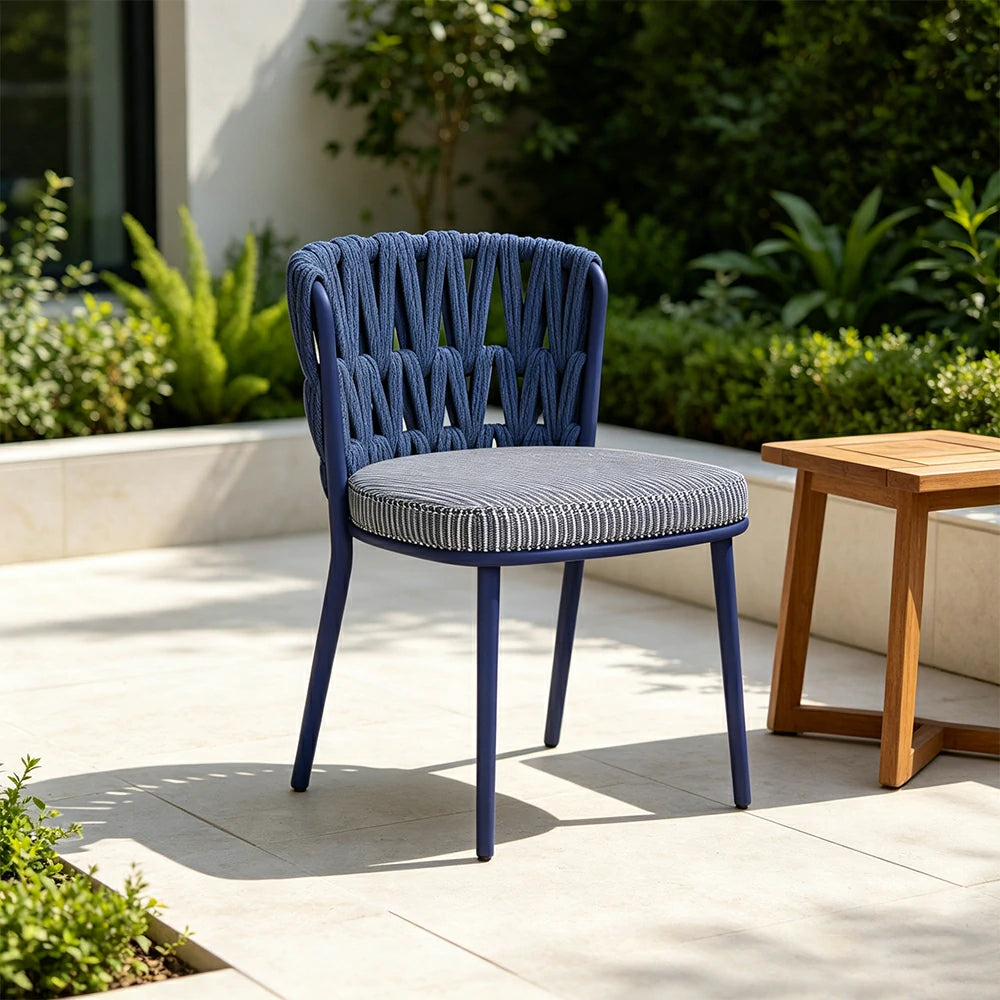SOLARA Outdoor Rope Back Dining Chair - Aluminium Frame, Quick-Dry Cushion for Patio Garden - Blue