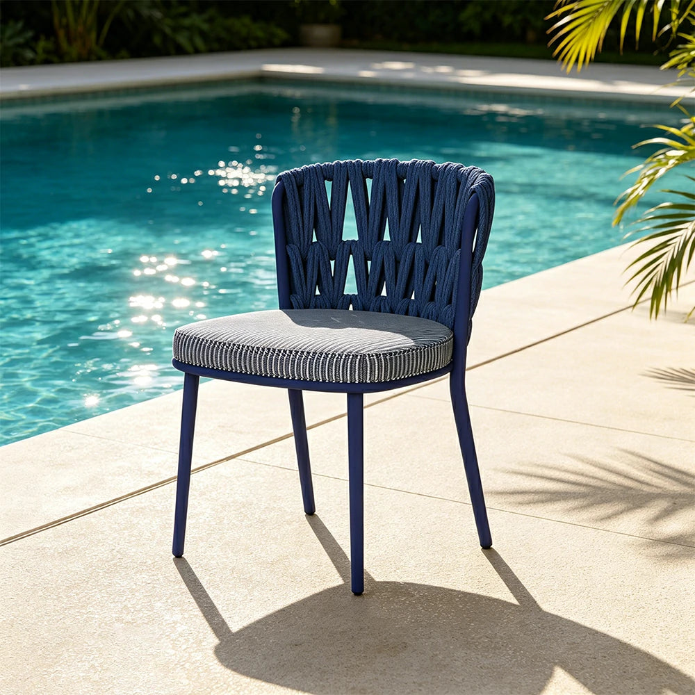 SOLARA Outdoor Rope Back Dining Chair - Aluminium Frame, Quick-Dry Cushion for Patio Garden - Blue