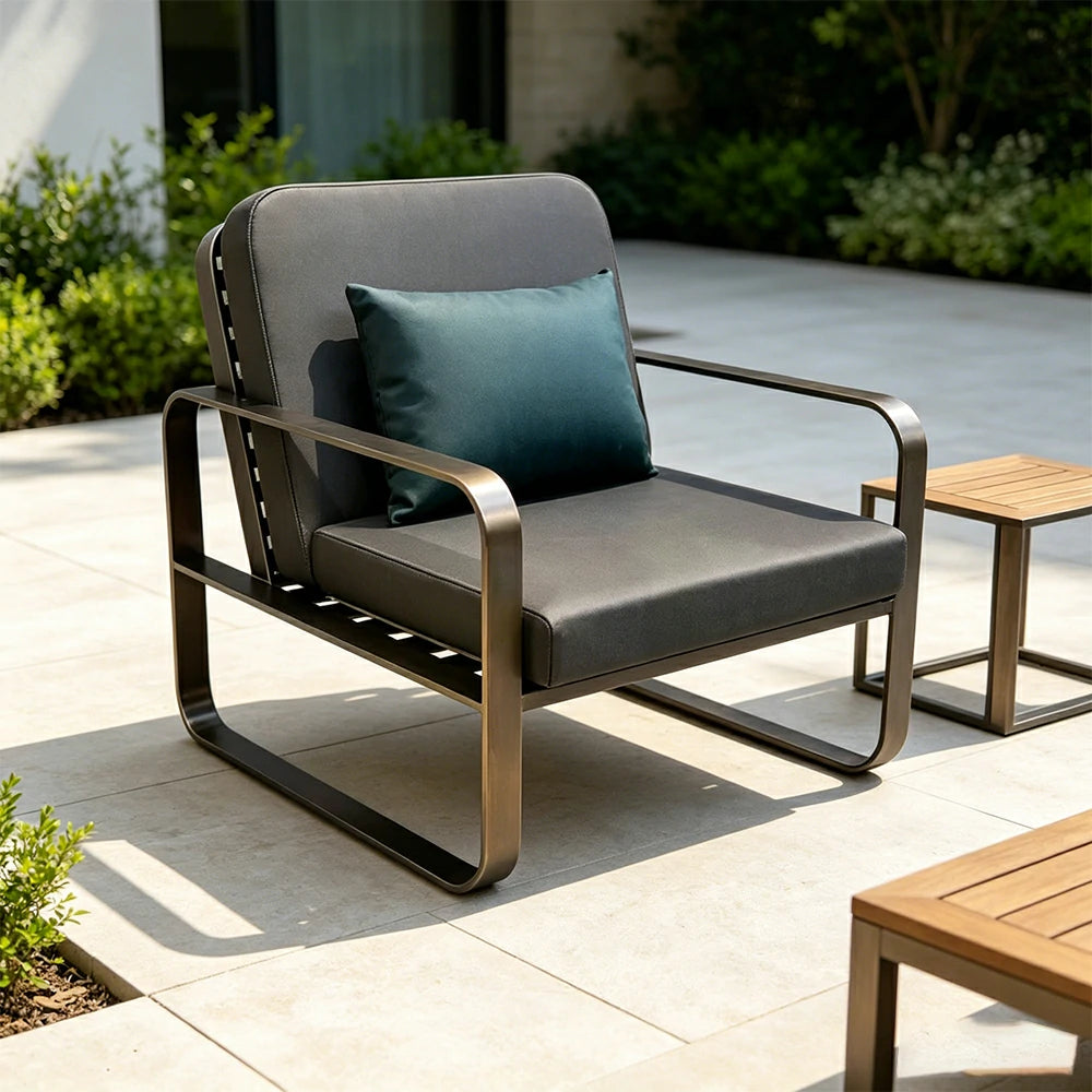 SOLARA Outdoor Single Sofa Chair - Stainless Steel Frame, Waterproof Yacht Leather for Patio Garden - Black