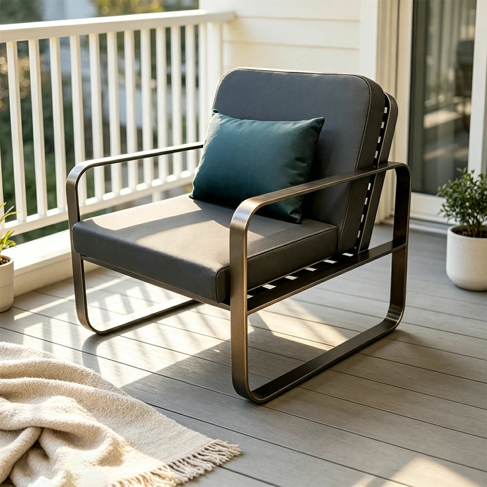 SOLARA Outdoor Single Sofa Chair - Stainless Steel Frame, Waterproof Yacht Leather for Patio Garden - Black