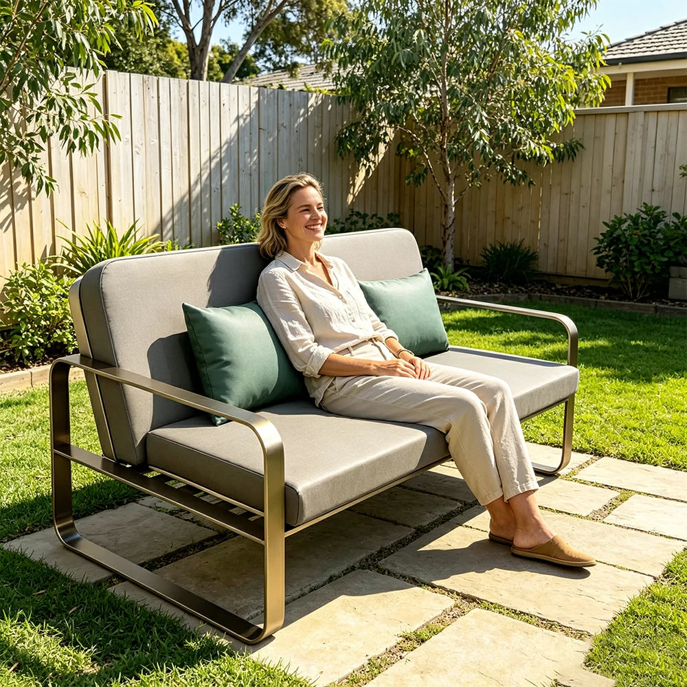 SOLARA Outdoor 2-Seater Sofa - Stainless Steel Frame, Waterproof Yacht Leather for Patio Garden - Black