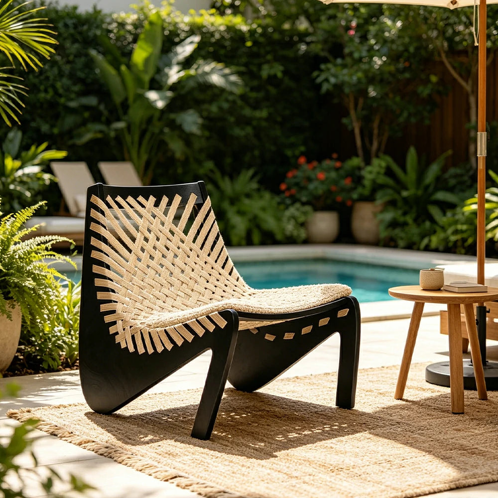 SOLARA Outdoor Woven 2-Seater Lounge Chair - Rope Seat for Patio Garden - Black & Beige