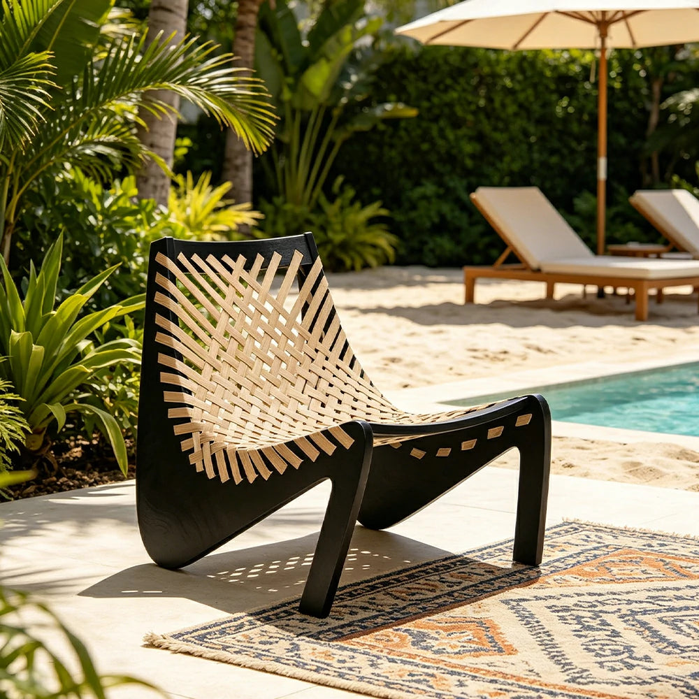 SOLARA Outdoor Woven 2-Seater Lounge Chair - Rope Seat for Patio Garden - Black & Beige