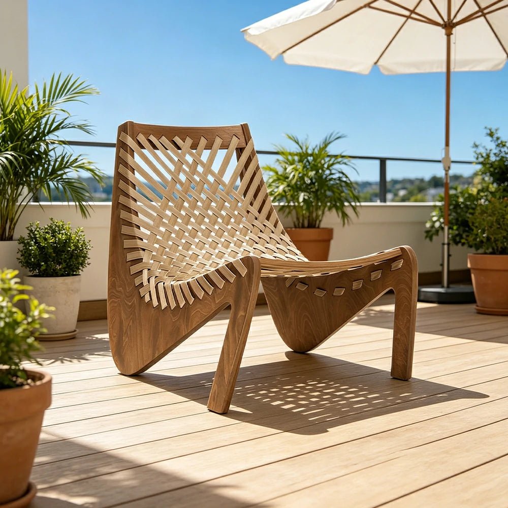 SOLARA Outdoor Woven 2-Seater Lounge Chair - Rope Seat for Patio Garden - Wood & Beige