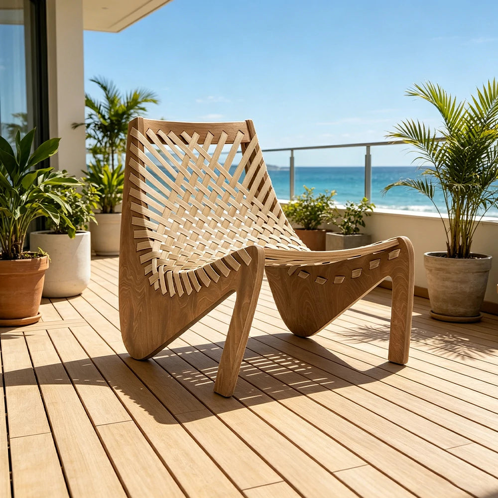 SOLARA Outdoor Woven 2-Seater Lounge Chair - Rope Seat for Patio Garden - Wood & Beige