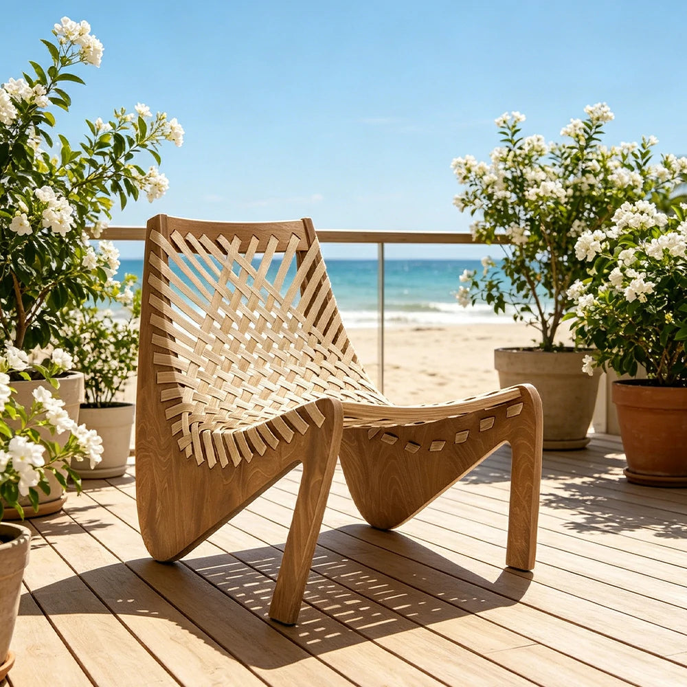 SOLARA Outdoor Woven 2-Seater Lounge Chair - Rope Seat for Patio Garden - Wood & Beige