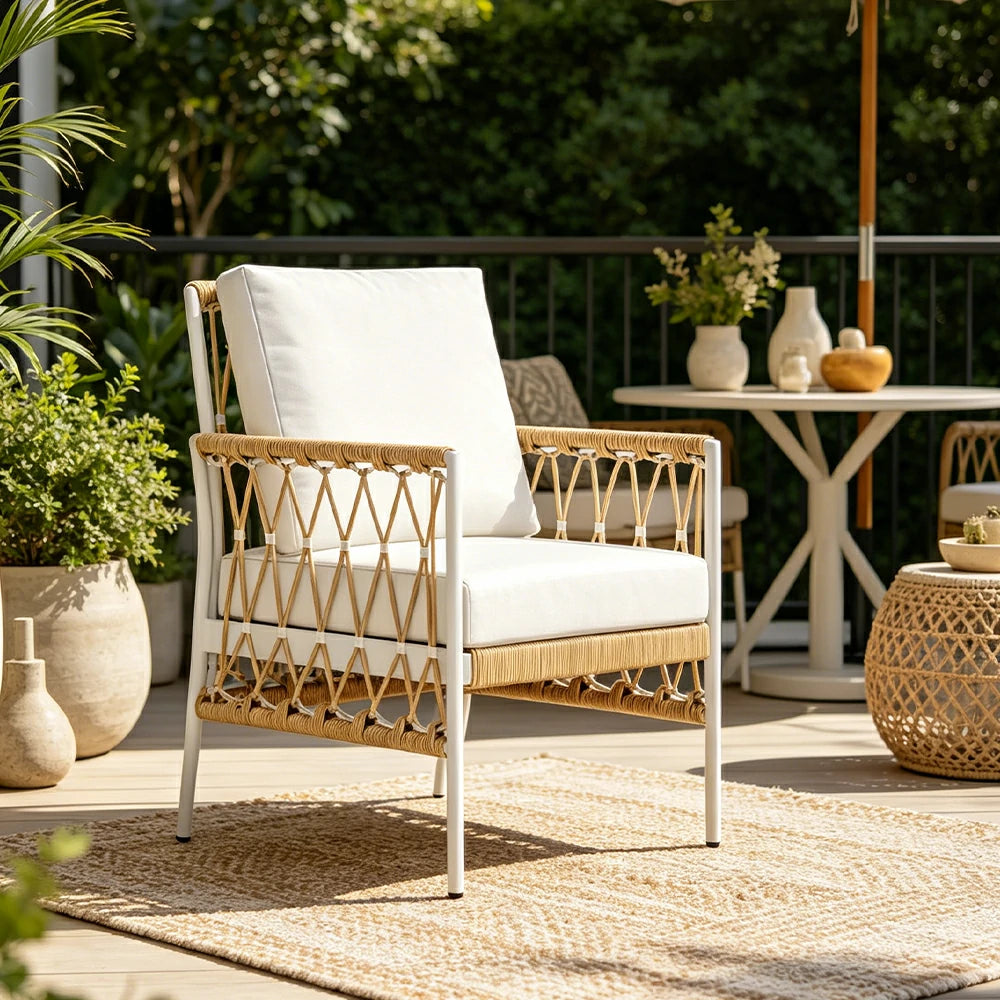 SOLARA Outdoor Rope Dining Chair - Aluminium Frame, Cushioned Seat for Patio Garden - White & Beige