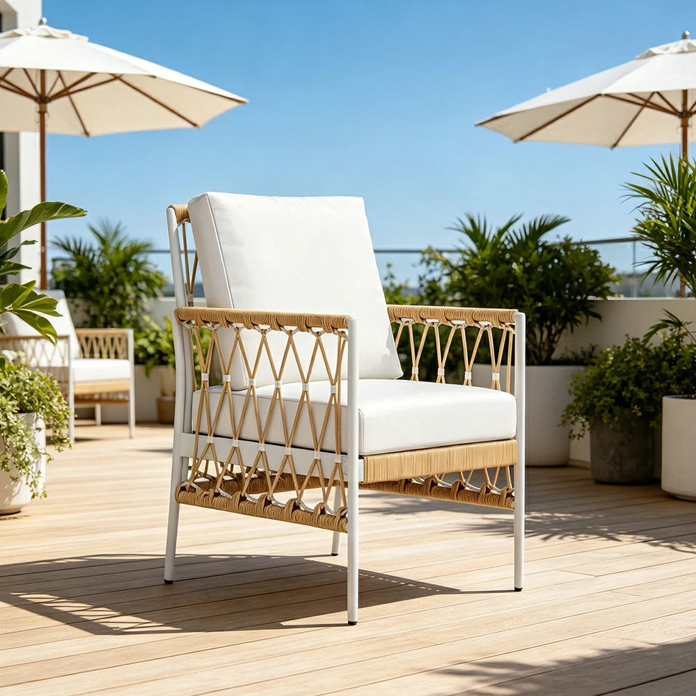 SOLARA Outdoor Rope Dining Chair - Aluminium Frame, Cushioned Seat for Patio Garden - White & Beige