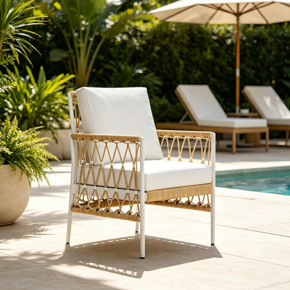 SOLARA Outdoor Rope Dining Chair - Aluminium Frame, Cushioned Seat for Patio Garden - White & Beige