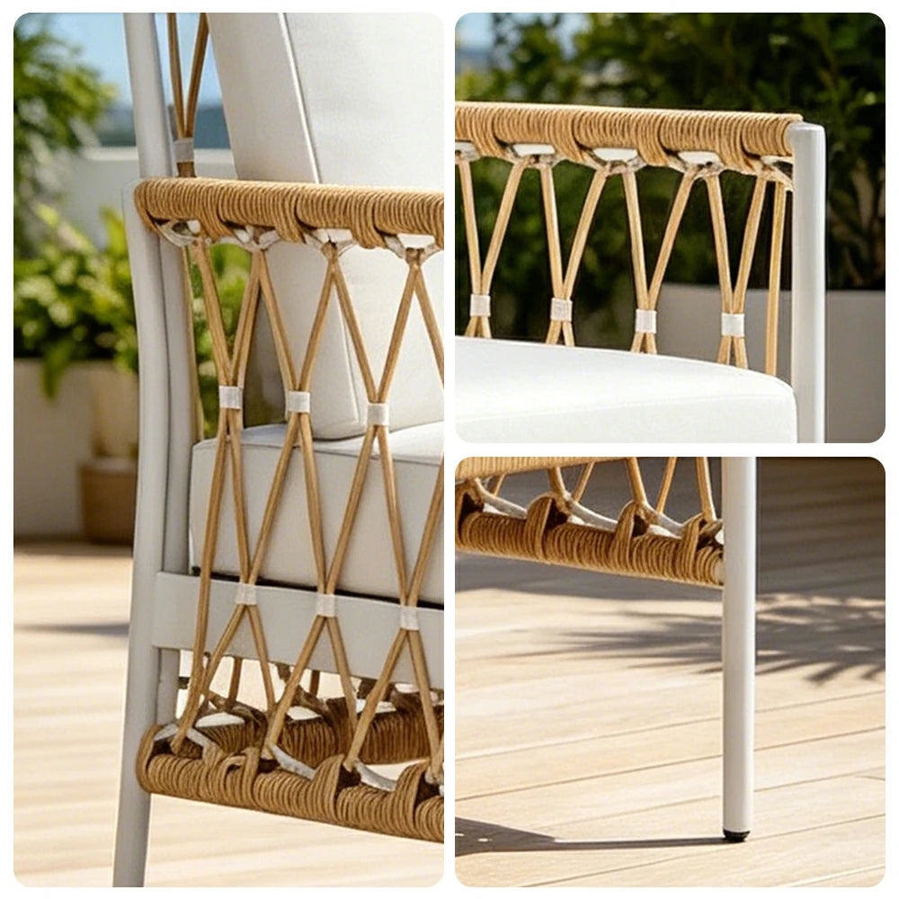 SOLARA Outdoor Rope Dining Chair - Aluminium Frame, Cushioned Seat for Patio Garden - White & Beige