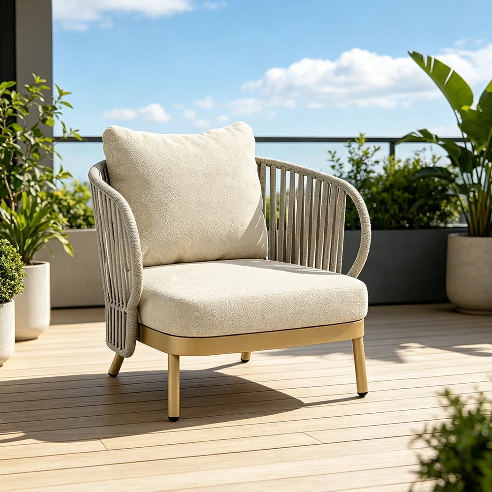 SOLARA Outdoor Rope Lounge Chair - Aluminium Frame, Cushioned Seat for Patio Balcony - Beige