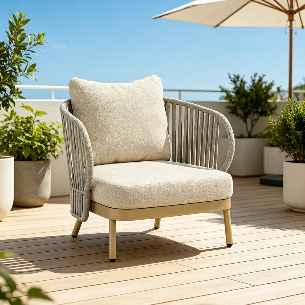 SOLARA Outdoor Rope Lounge Chair - Aluminium Frame, Cushioned Seat for Patio Balcony - Beige