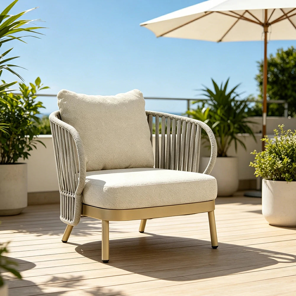 SOLARA Outdoor Rope Lounge Chair - Aluminium Frame, Cushioned Seat for Patio Balcony - Beige