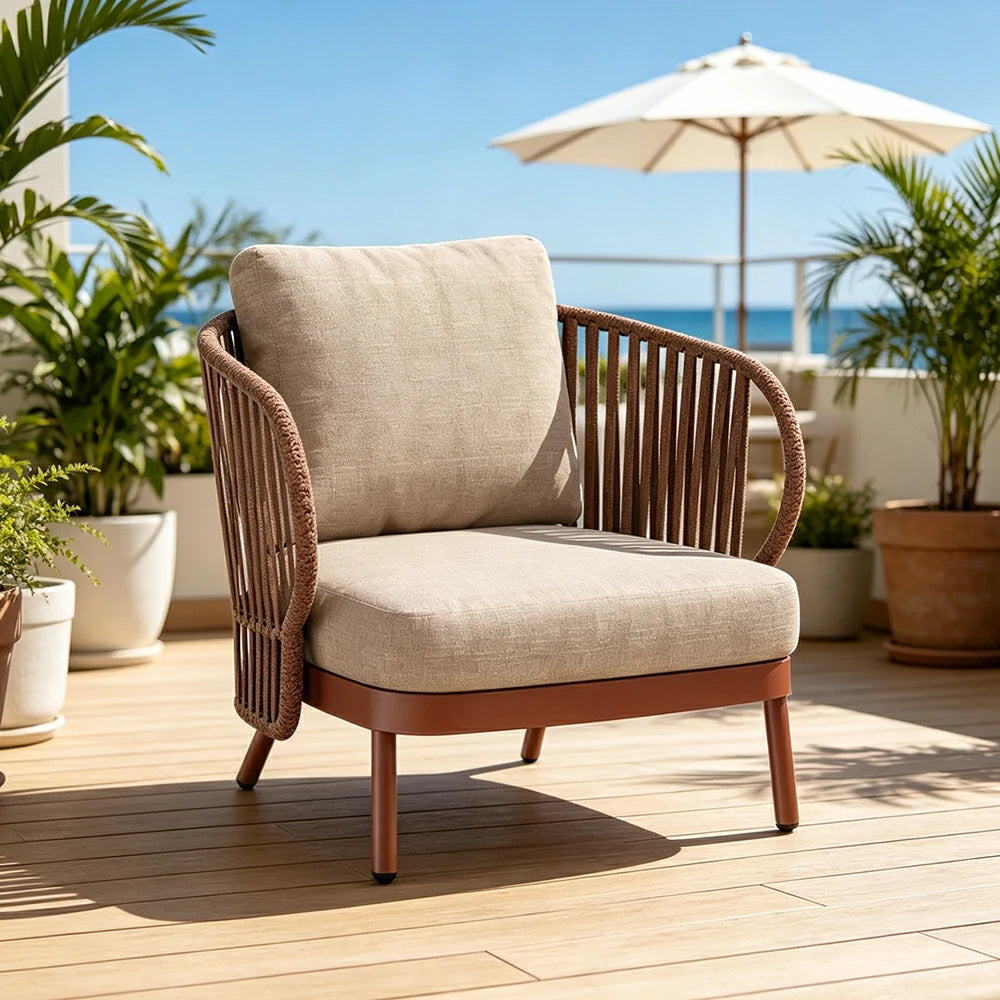 SOLARA Outdoor Rope Lounge Chair - Aluminium Frame, Cushioned Seat for Patio Balcony - Brown