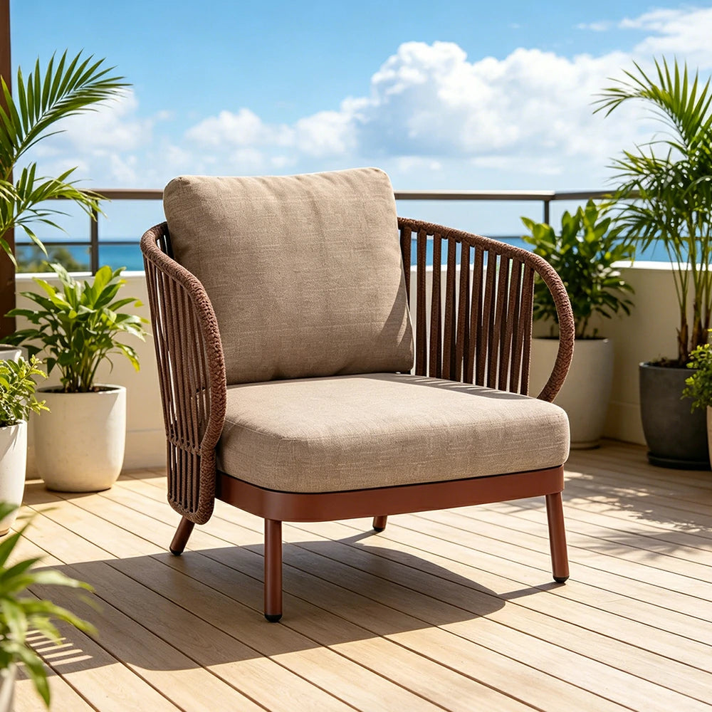 SOLARA Outdoor Rope Lounge Chair - Aluminium Frame, Cushioned Seat for Patio Balcony - Brown
