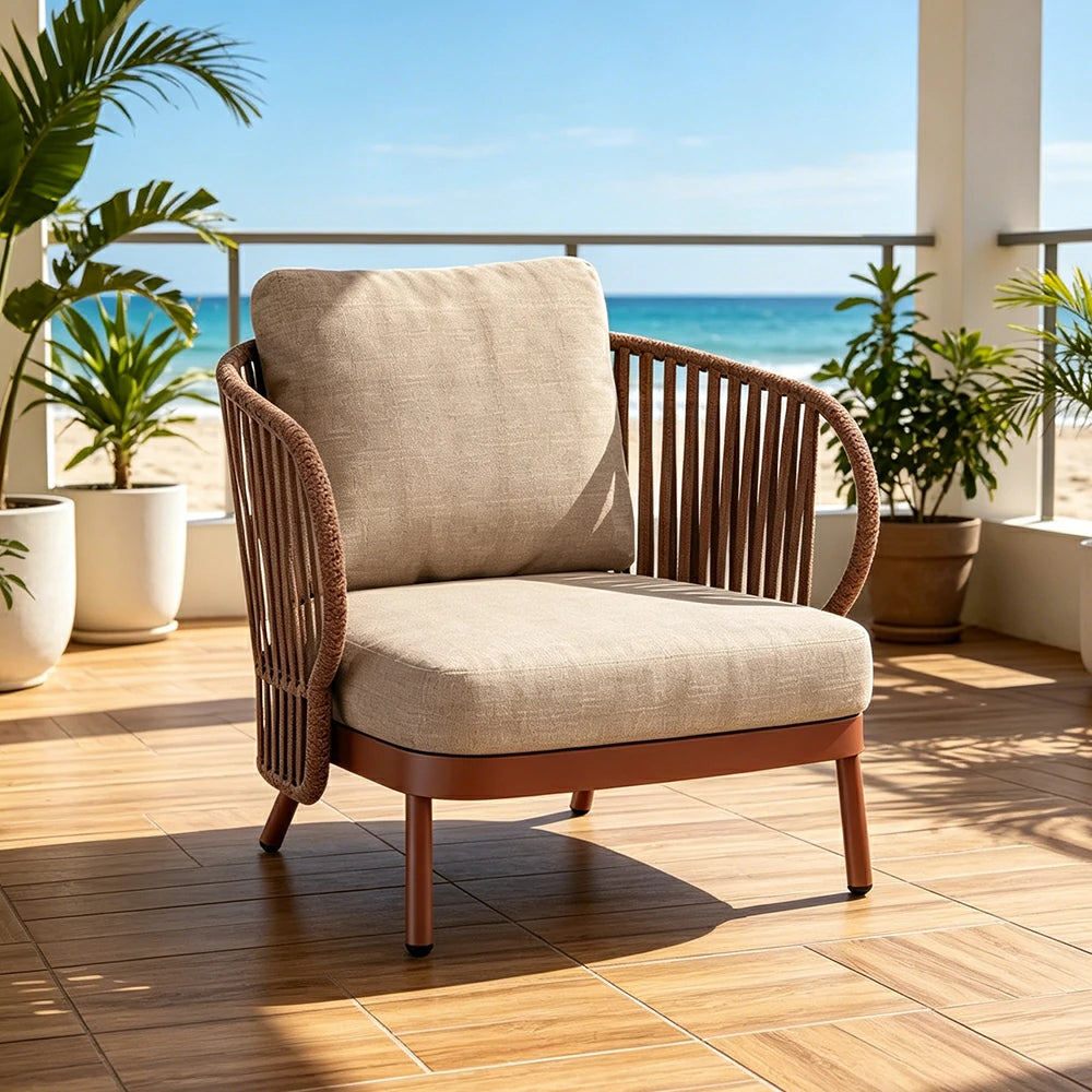SOLARA Outdoor Rope Lounge Chair - Aluminium Frame, Cushioned Seat for Patio Balcony - Brown