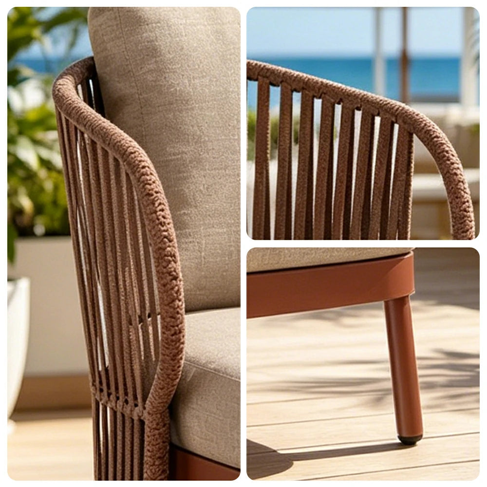 SOLARA Outdoor Rope Lounge Chair - Aluminium Frame, Cushioned Seat for Patio Balcony - Brown