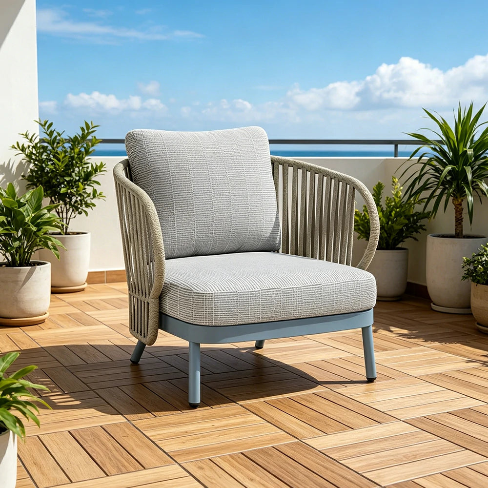 SOLARA Outdoor Rope Lounge Chair - Aluminium Frame, Cushioned Seat for Patio Balcony - Blue
