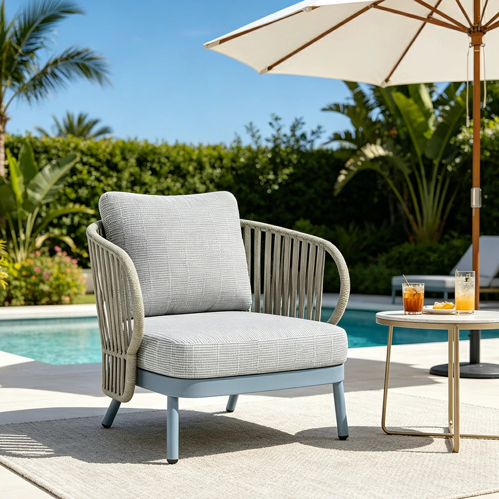 SOLARA Outdoor Rope Lounge Chair - Aluminium Frame, Cushioned Seat for Patio Balcony - Blue