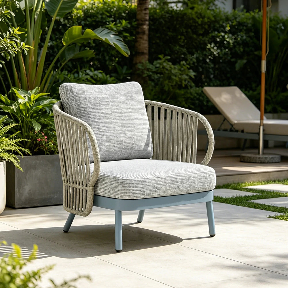 SOLARA Outdoor Rope Lounge Chair - Aluminium Frame, Cushioned Seat for Patio Balcony - Blue