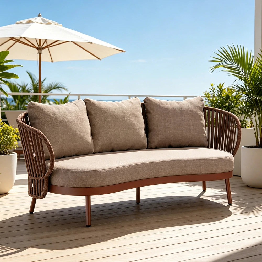 SOLARA Outdoor 2-Seater Rope Sofa with Aluminium Frame and Cushioned Seat - Brown