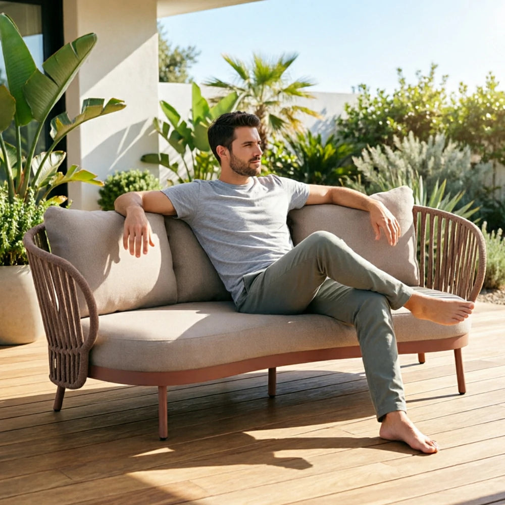 SOLARA Outdoor 2-Seater Rope Sofa with Aluminium Frame and Cushioned Seat - Brown