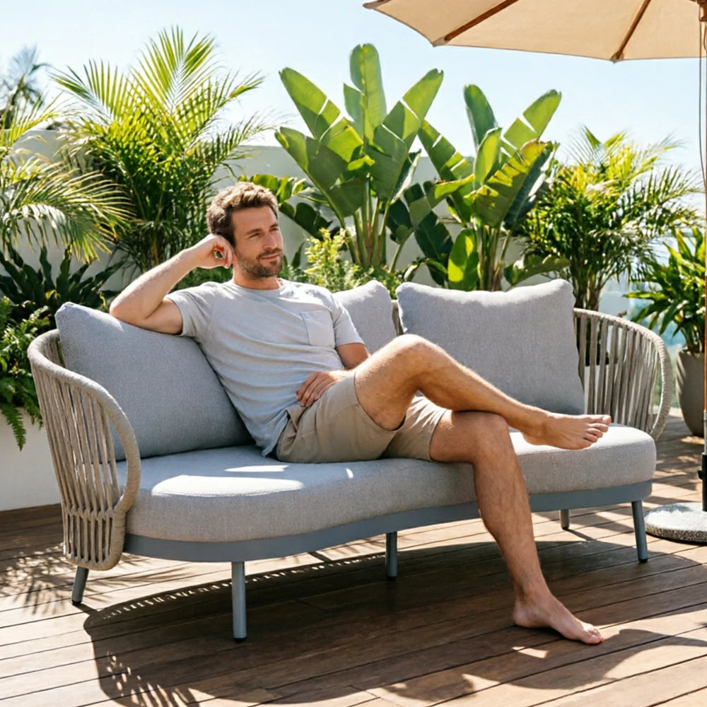 SOLARA Outdoor 2-Seater Rope Sofa with Aluminium Frame and Cushioned Seat - Blue
