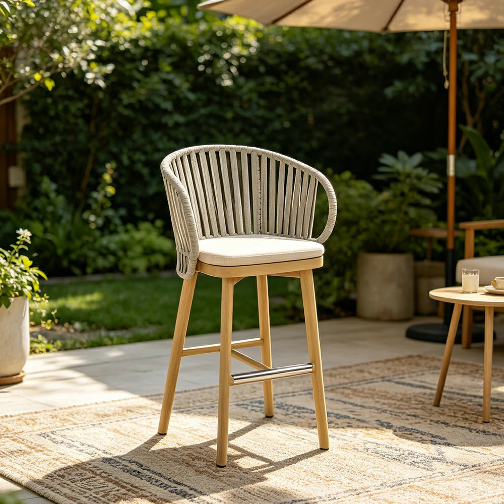SOLARA Outdoor Rope Bar Stool with Aluminium Frame and Cushioned Seat - Beige