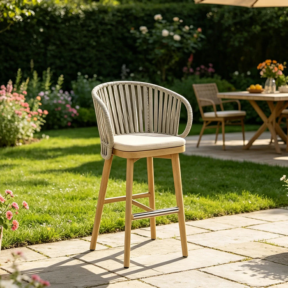 SOLARA Outdoor Rope Bar Stool with Aluminium Frame and Cushioned Seat - Beige