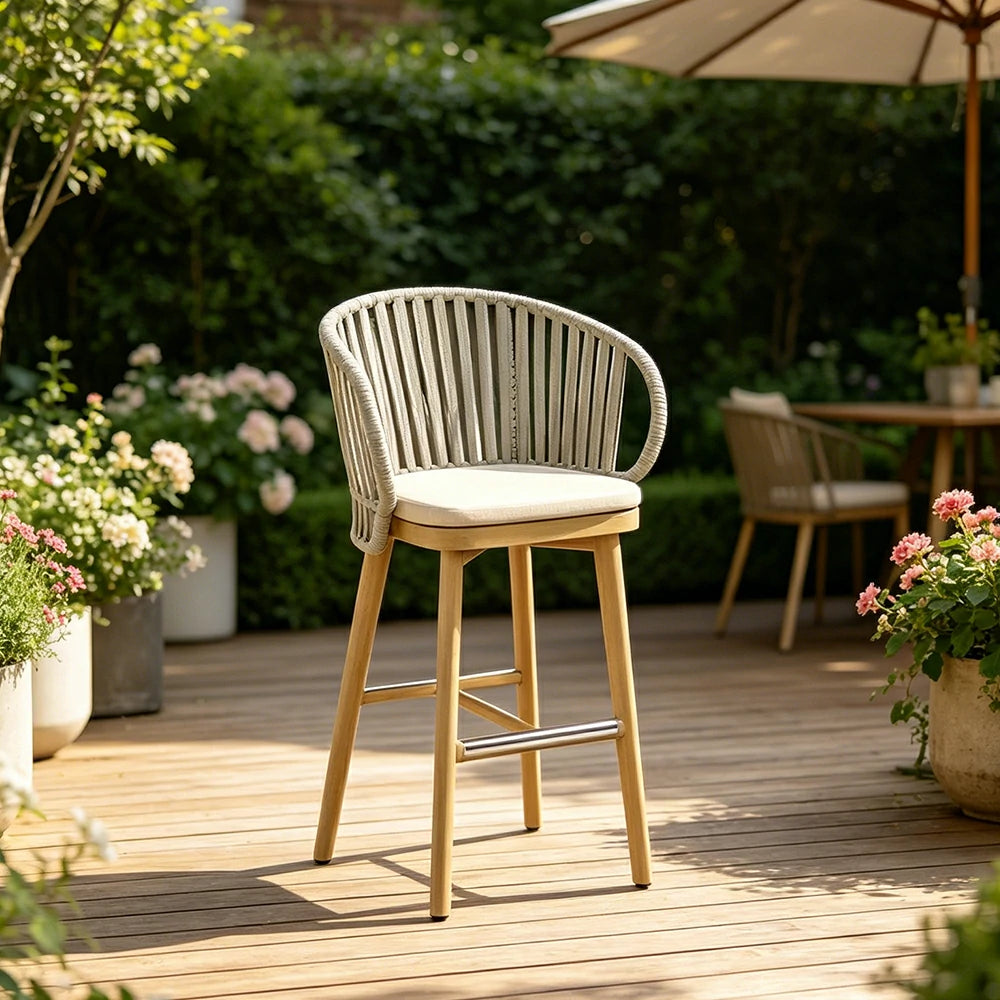 SOLARA Outdoor Rope Bar Stool with Aluminium Frame and Cushioned Seat - Beige
