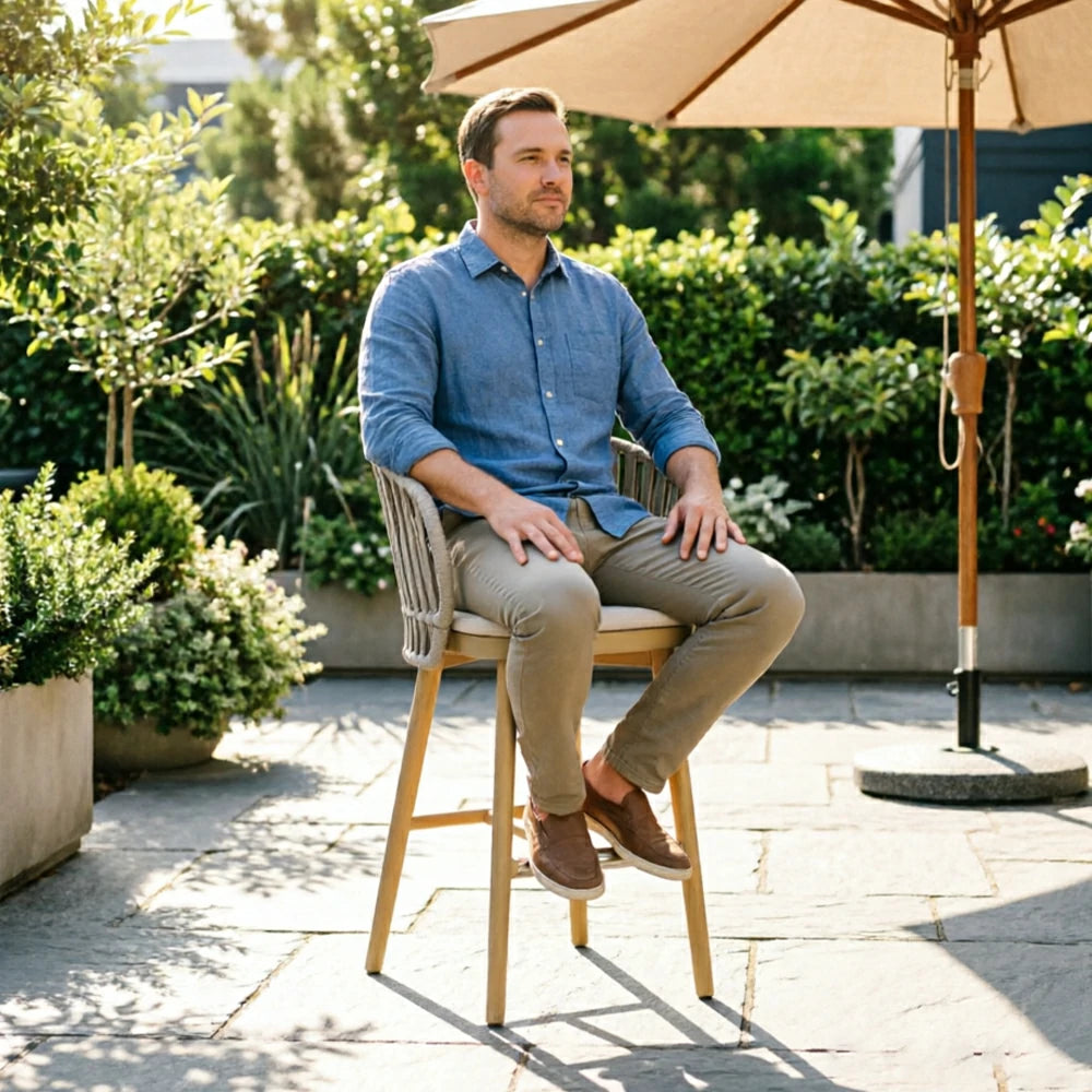 SOLARA Outdoor Rope Bar Stool with Aluminium Frame and Cushioned Seat - Beige