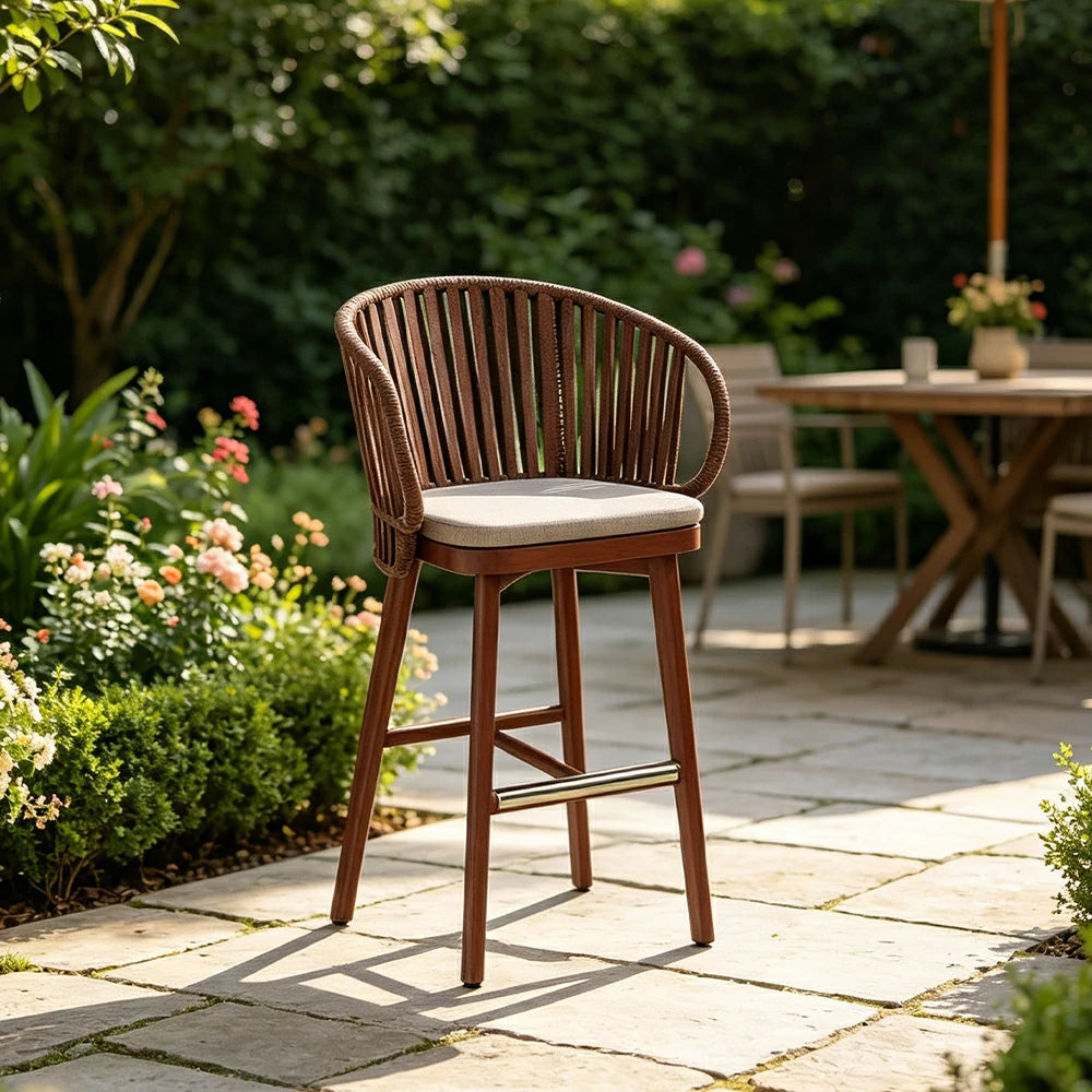 SOLARA Outdoor Rope Bar Stool with Aluminium Frame and Cushioned Seat - Brown