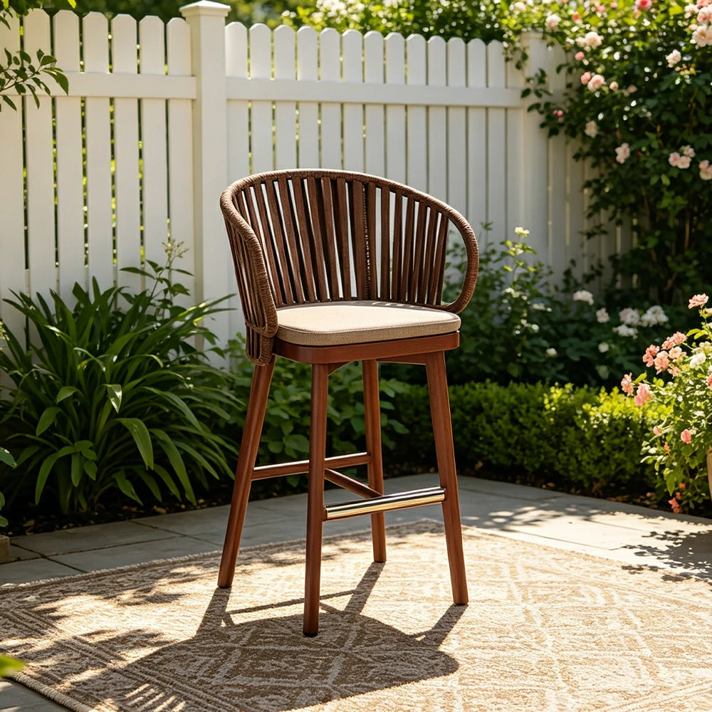 SOLARA Outdoor Rope Bar Stool with Aluminium Frame and Cushioned Seat - Brown