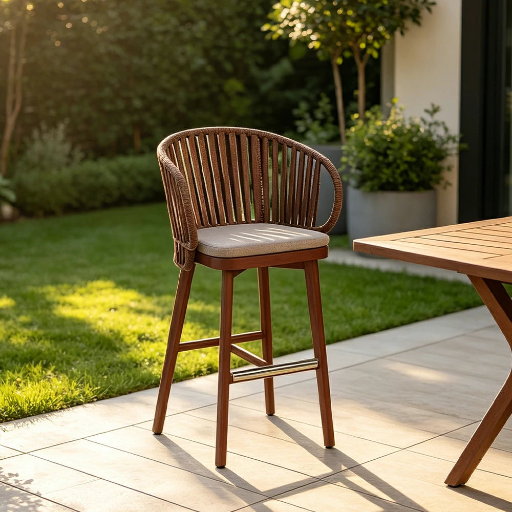 SOLARA Outdoor Rope Bar Stool with Aluminium Frame and Cushioned Seat - Brown