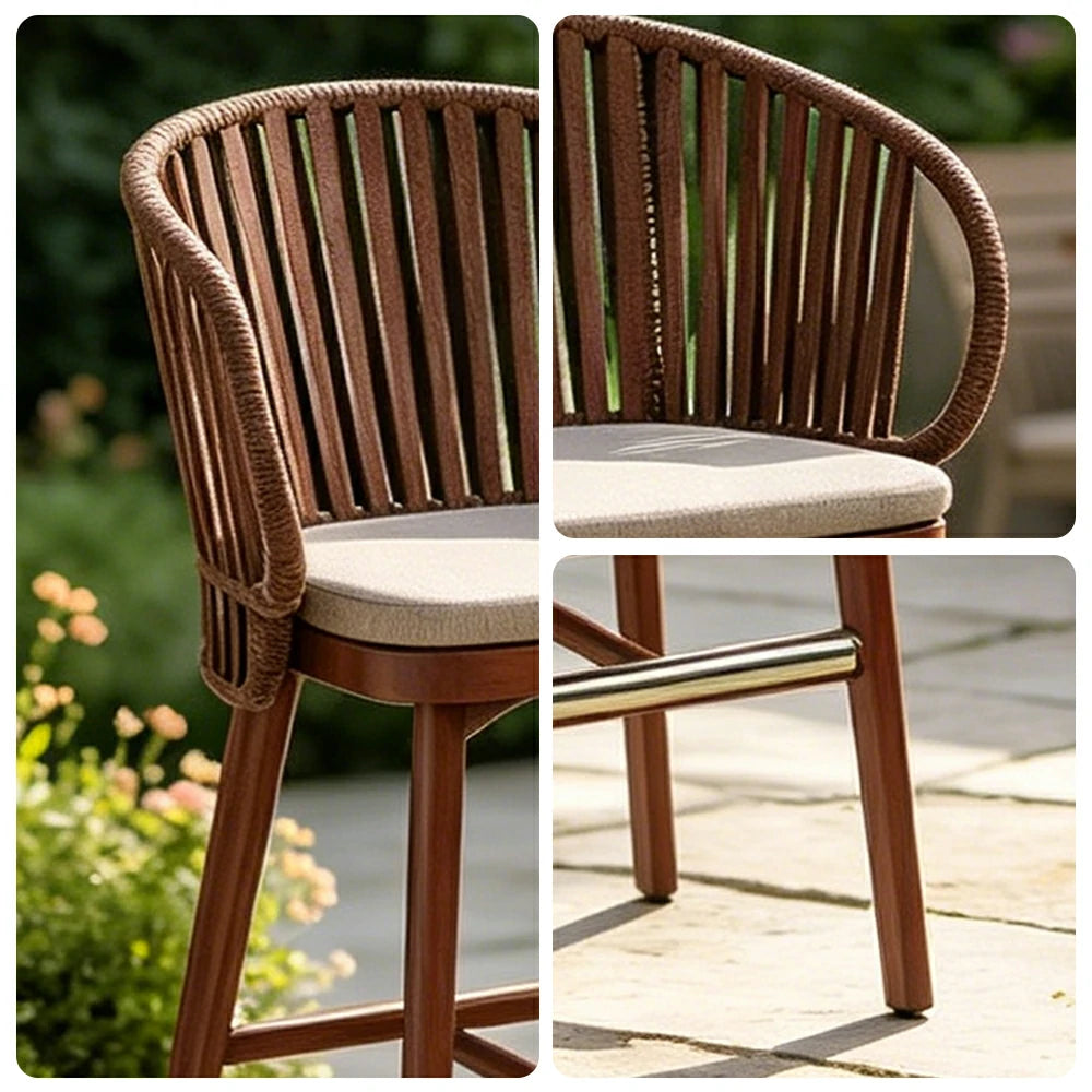SOLARA Outdoor Rope Bar Stool with Aluminium Frame and Cushioned Seat - Brown