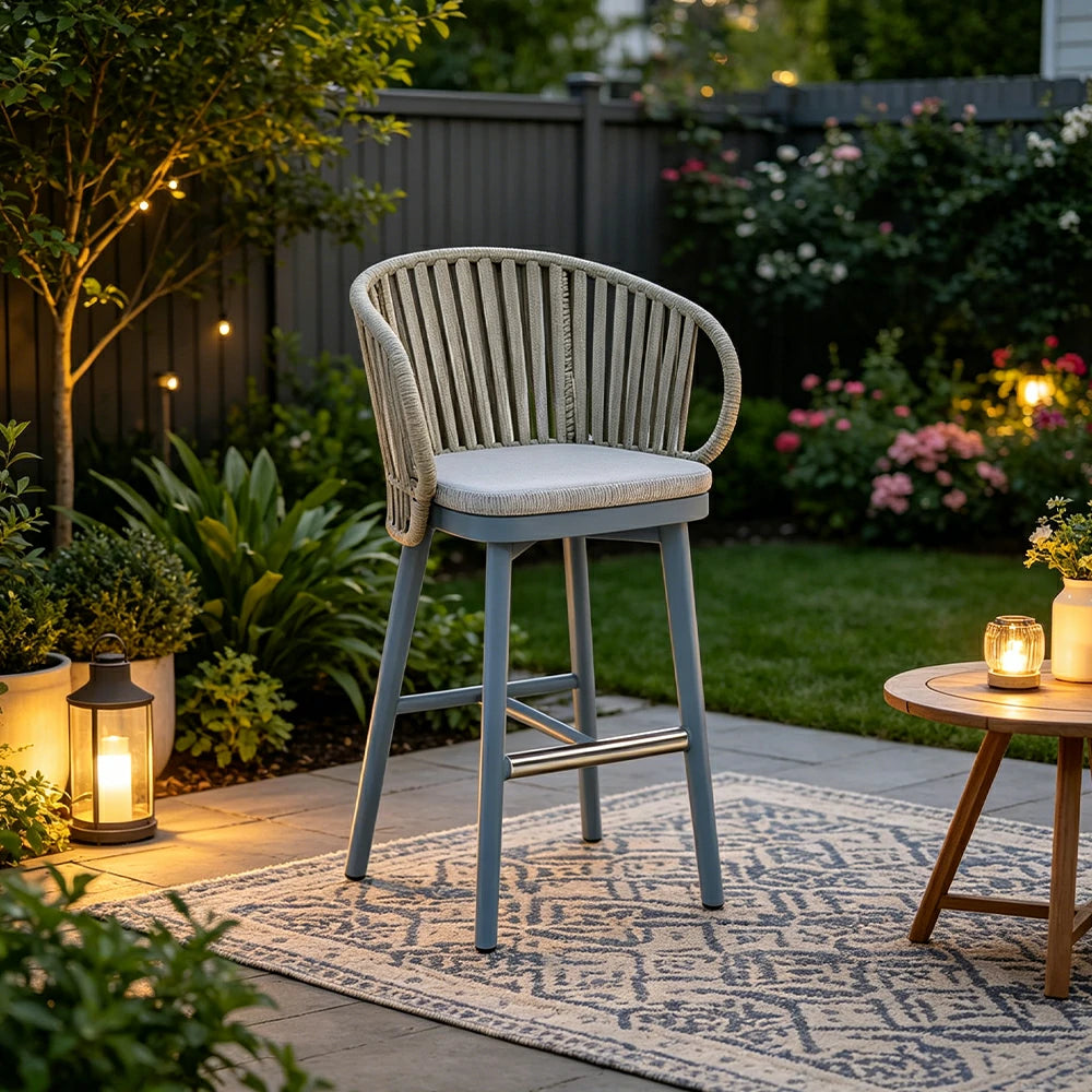 SOLARA Outdoor Rope Bar Stool with Aluminium Frame and Cushioned Seat - Blue