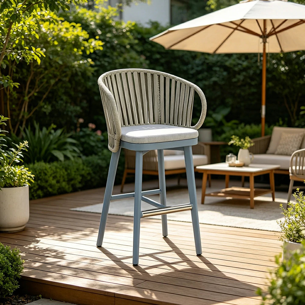 SOLARA Outdoor Rope Bar Stool with Aluminium Frame and Cushioned Seat - Blue