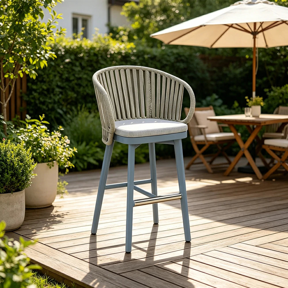 SOLARA Outdoor Rope Bar Stool with Aluminium Frame and Cushioned Seat - Blue