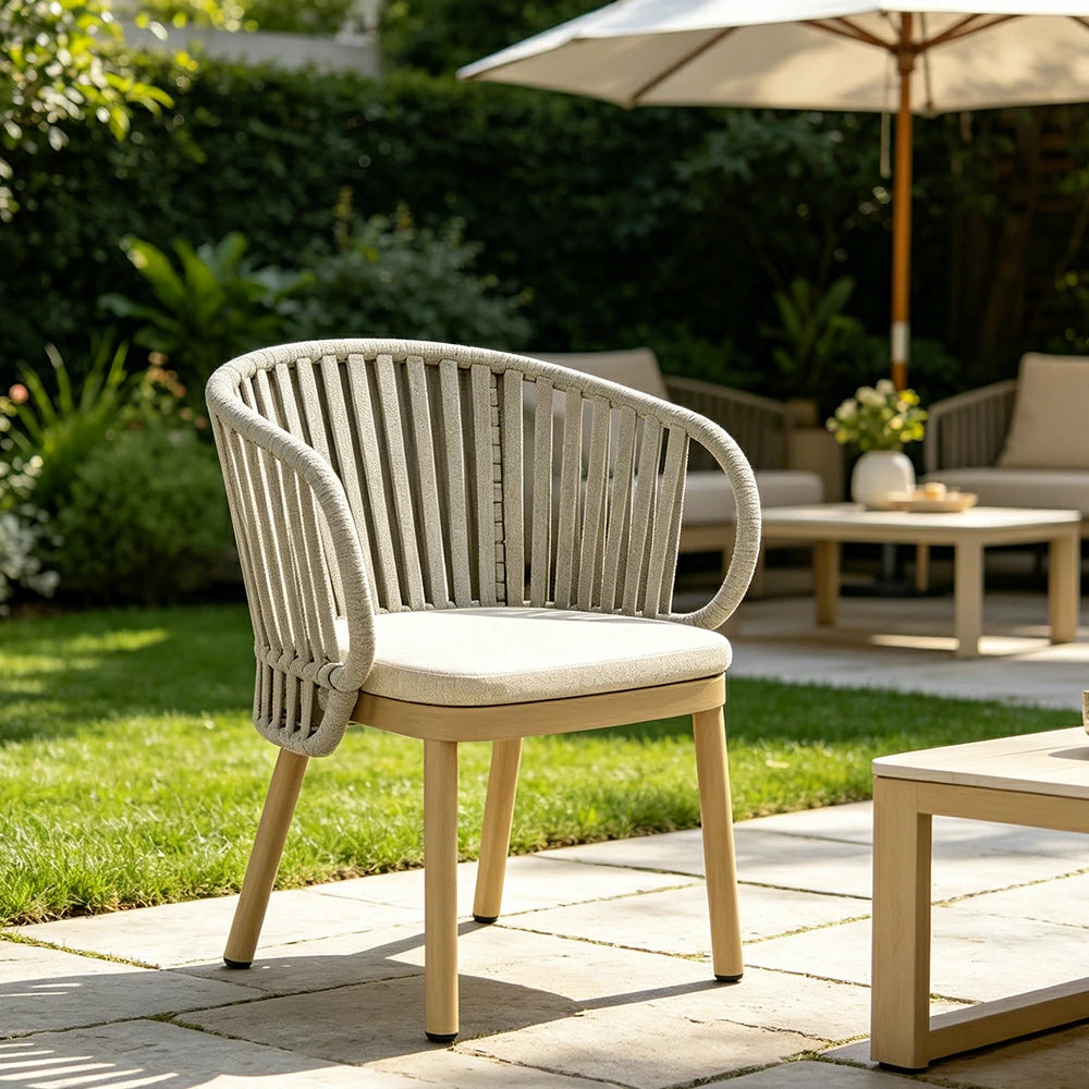 SOLARA Outdoor Rope Dining Chair with Aluminium Frame and Cushioned Seat - Beige