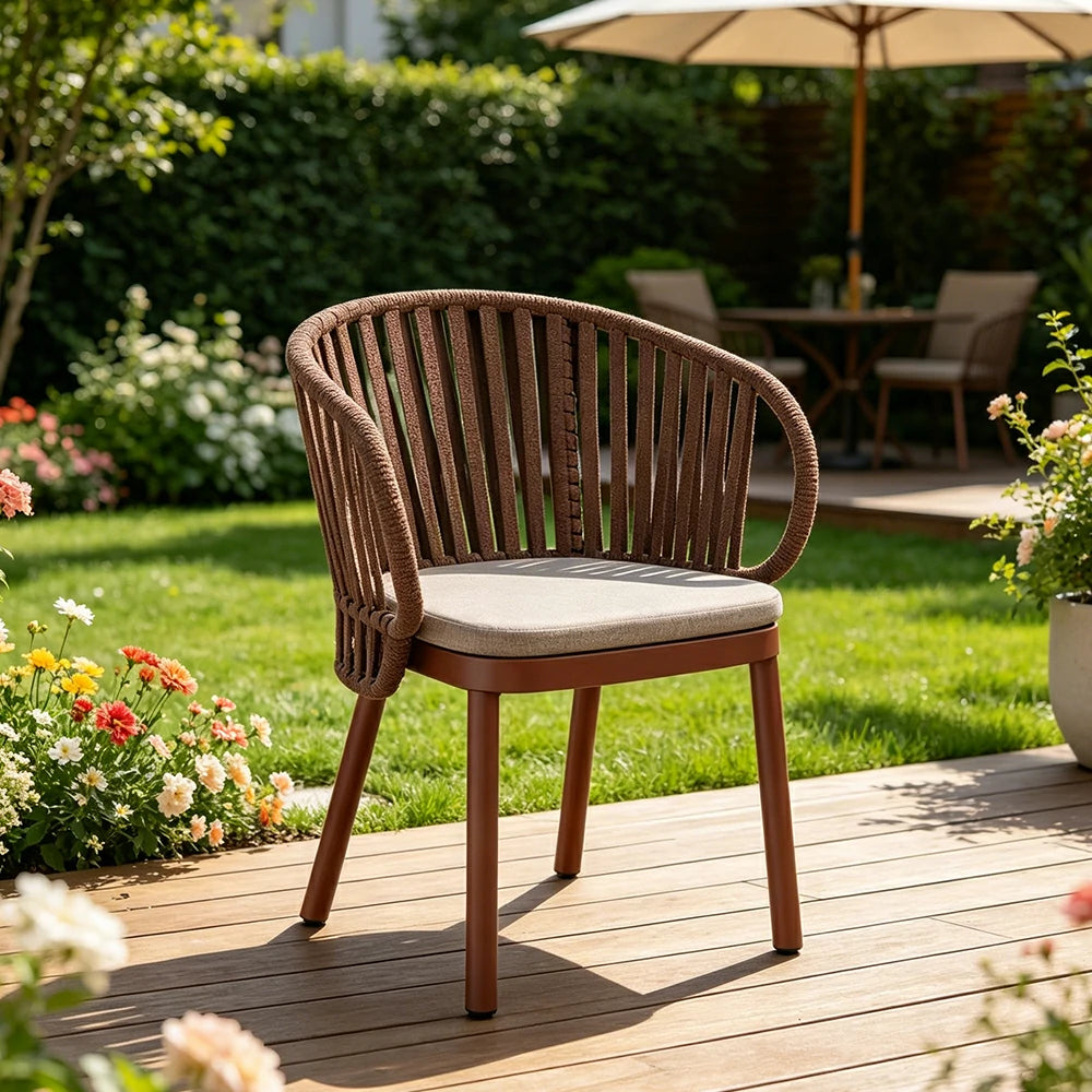 SOLARA Outdoor Rope Dining Chair with Aluminium Frame and Cushioned Seat - Brown