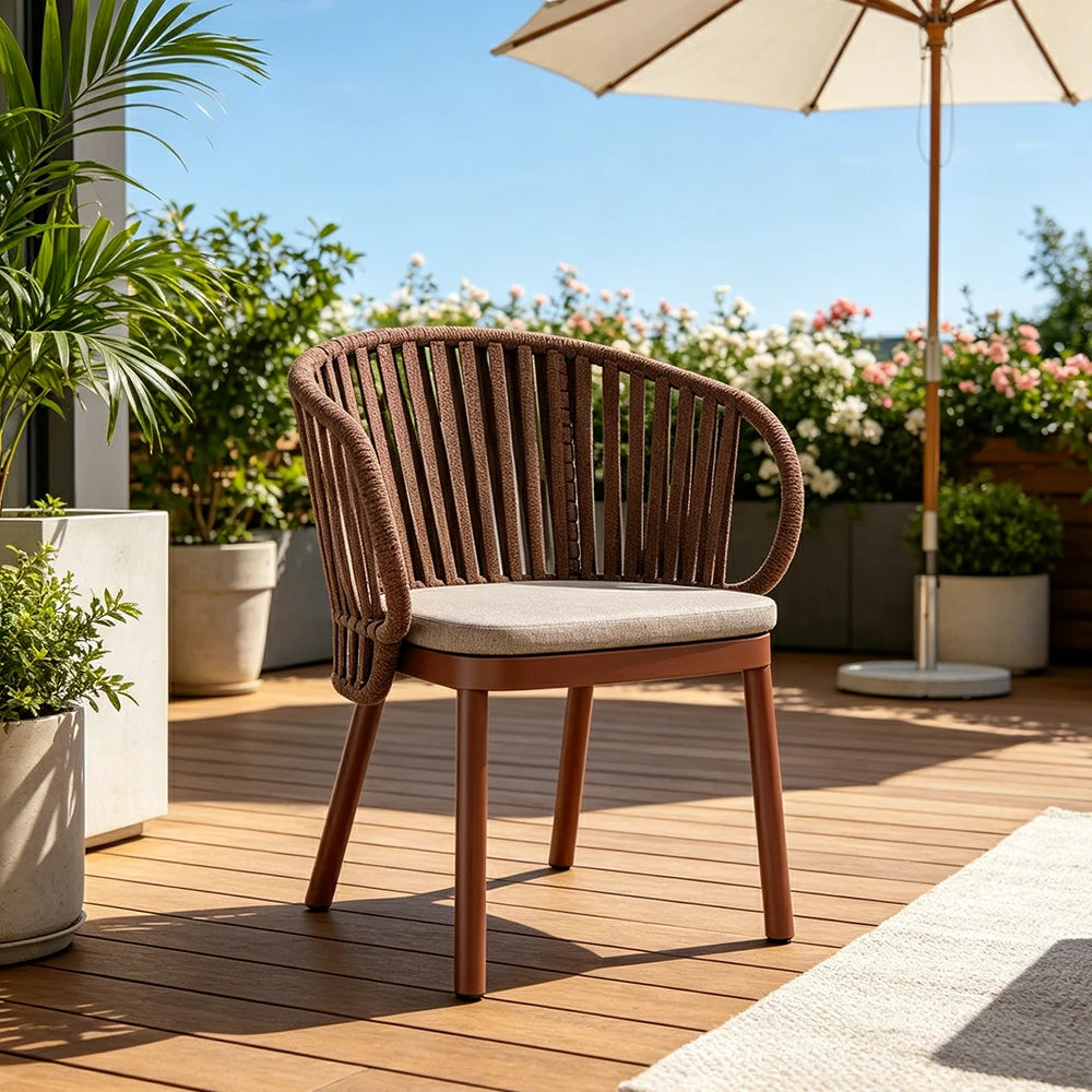 SOLARA Outdoor Rope Dining Chair with Aluminium Frame and Cushioned Seat - Brown