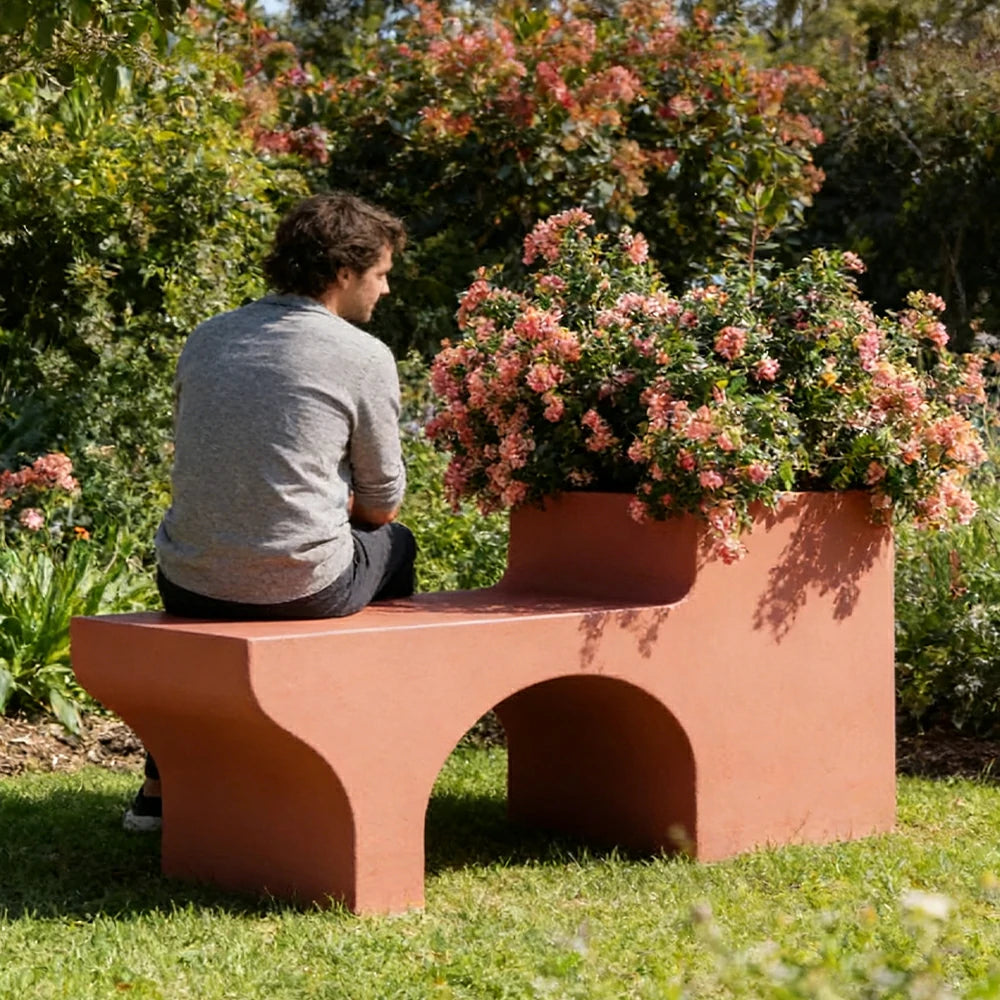 SOLARA 160/180/200cm Integrated Planter Bench Curved Design with Metal Frame for Commercial Street Park Cafe